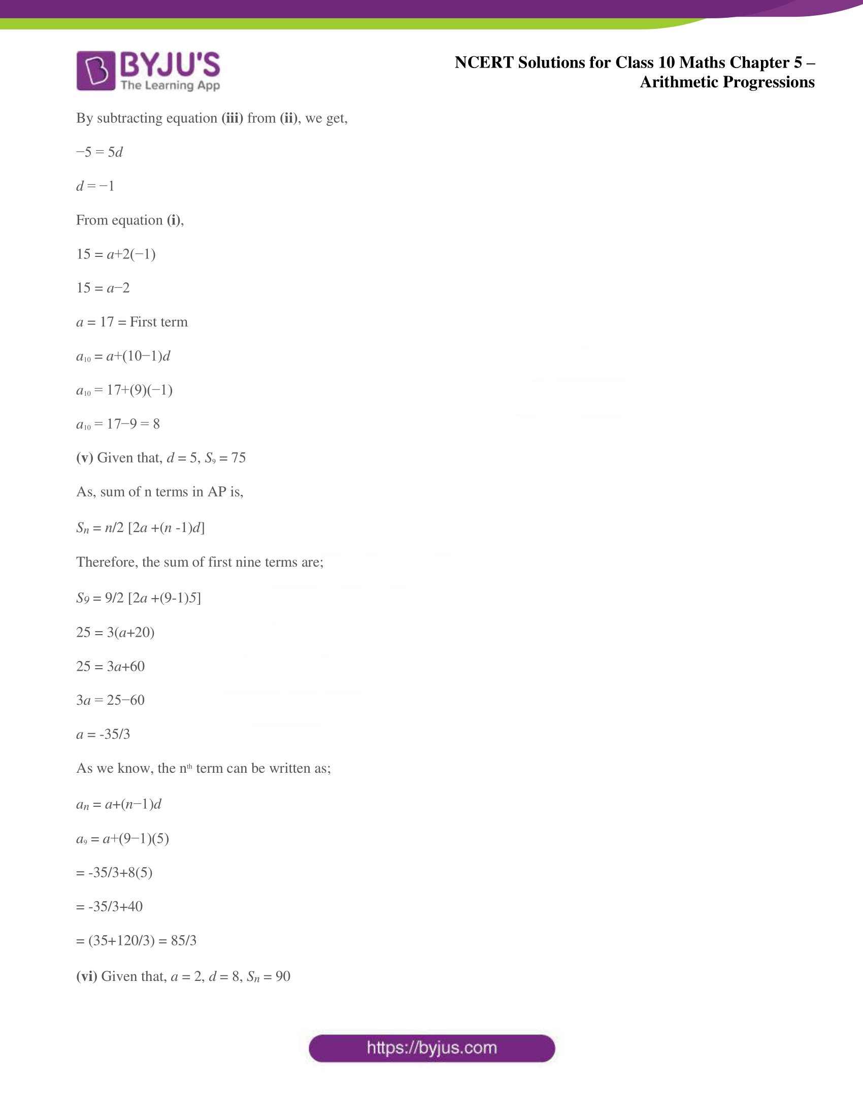 NCERT solutions for Class 10 Maths chapter 5 Arithmetic Progression