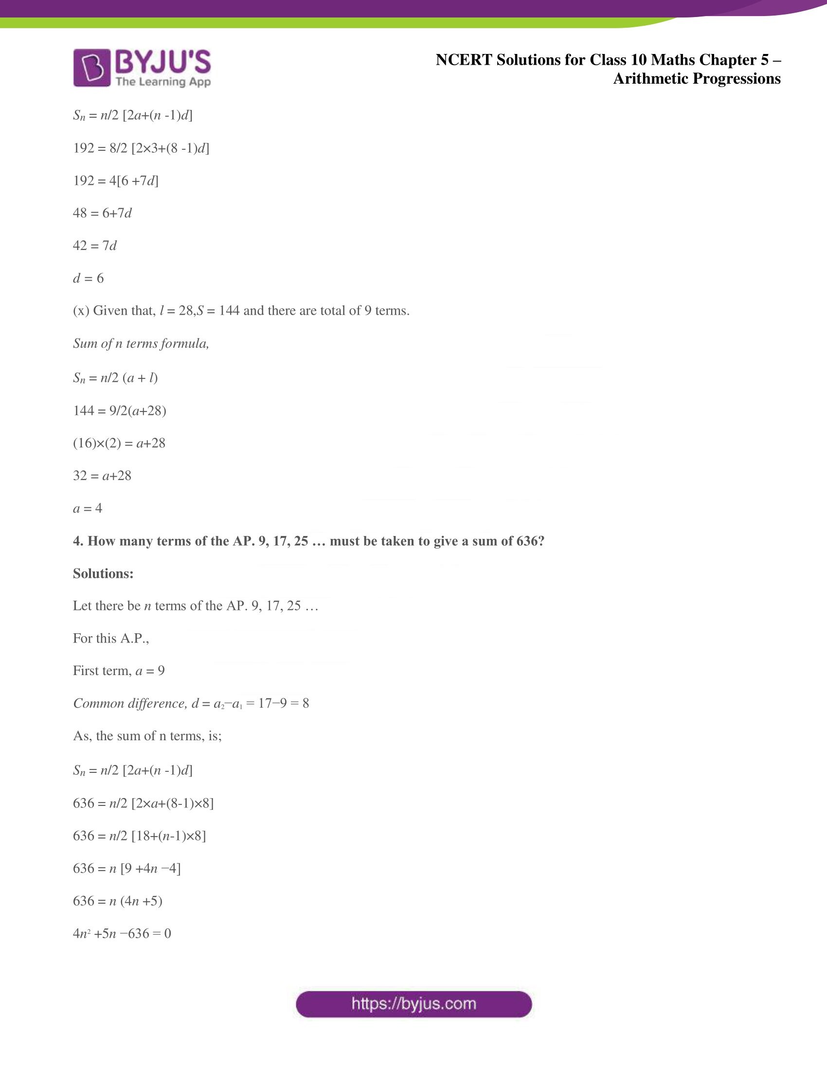 NCERT solutions for Class 10 Maths chapter 5 Arithmetic Progression