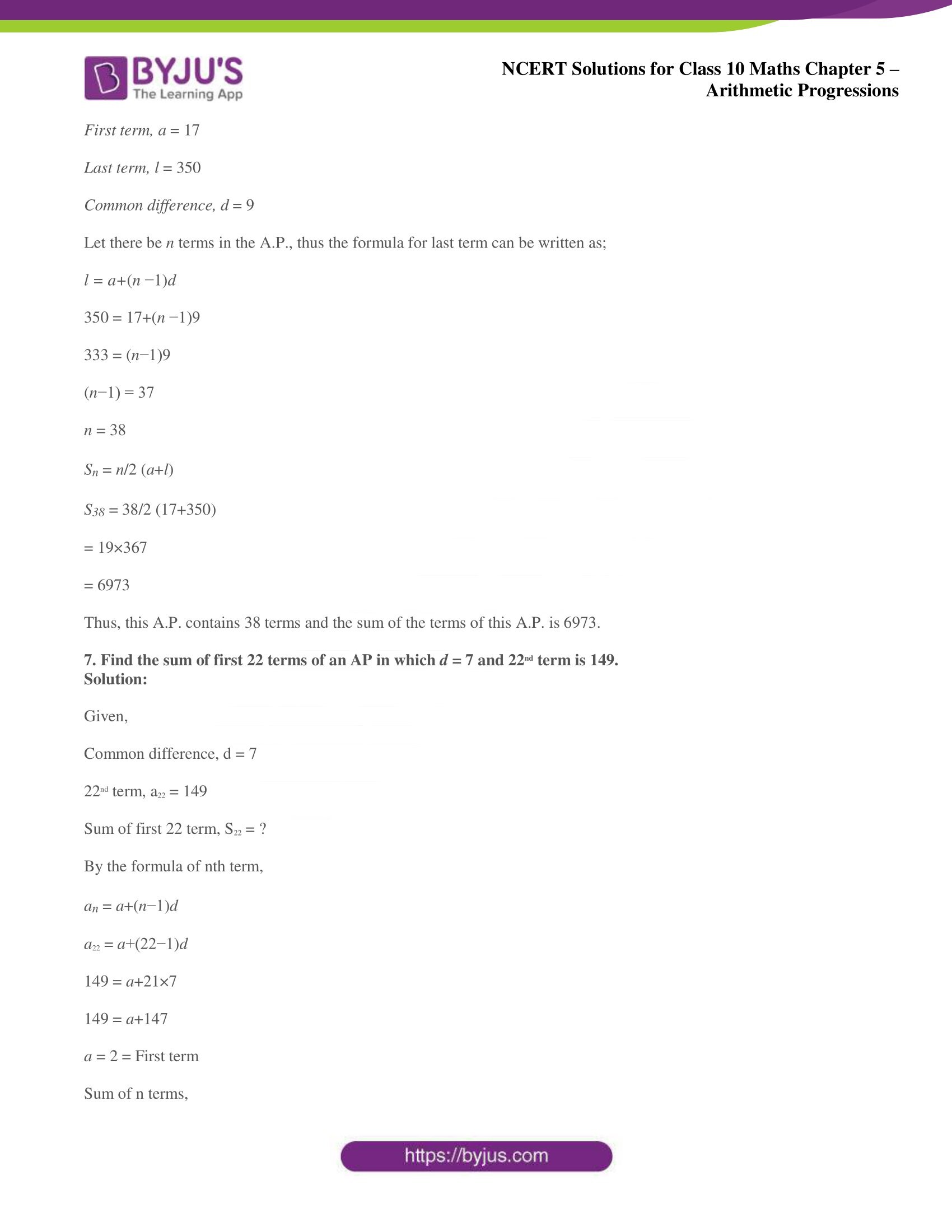 NCERT solutions for Class 10 Maths chapter 5 Arithmetic Progression