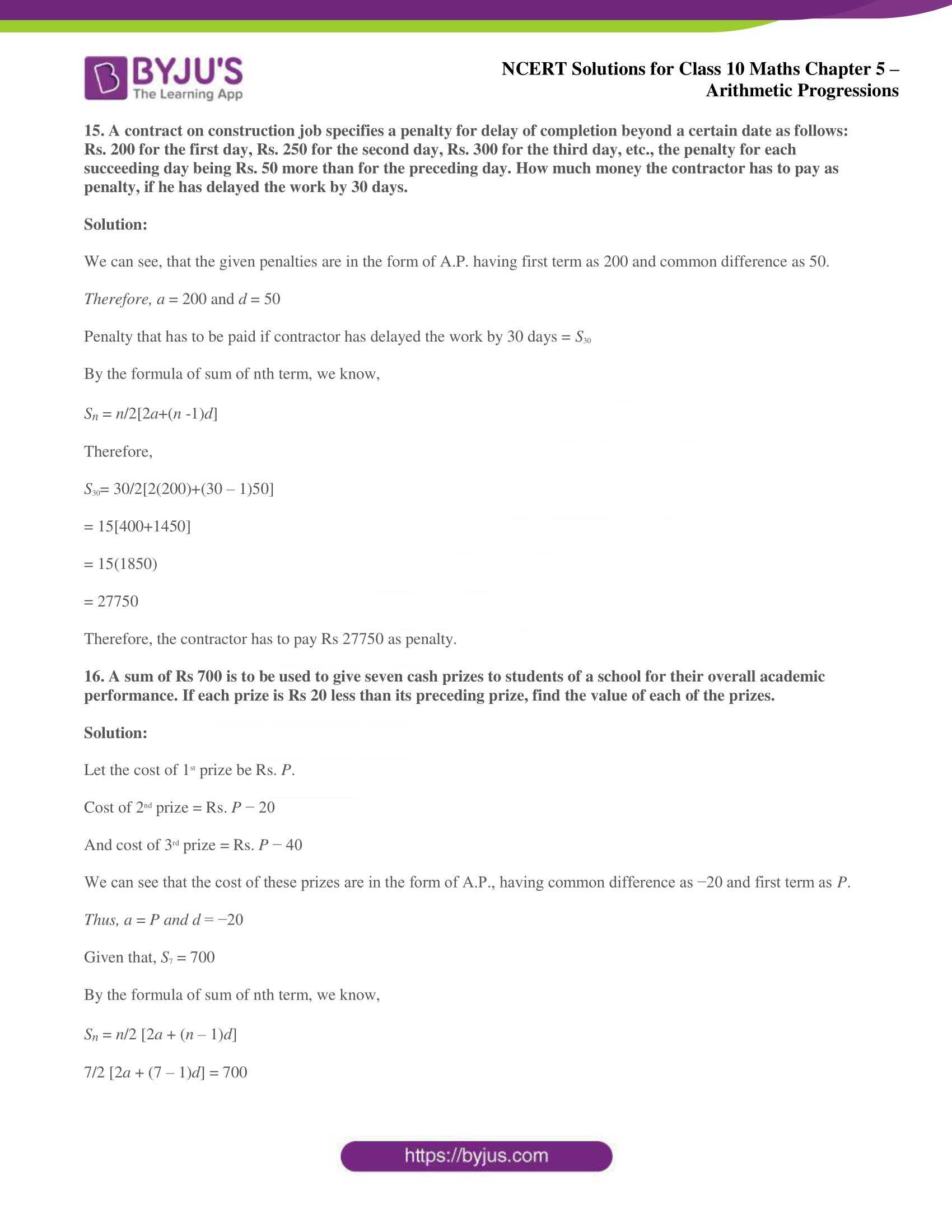 NCERT solutions for Class 10 Maths chapter 5 Arithmetic Progression