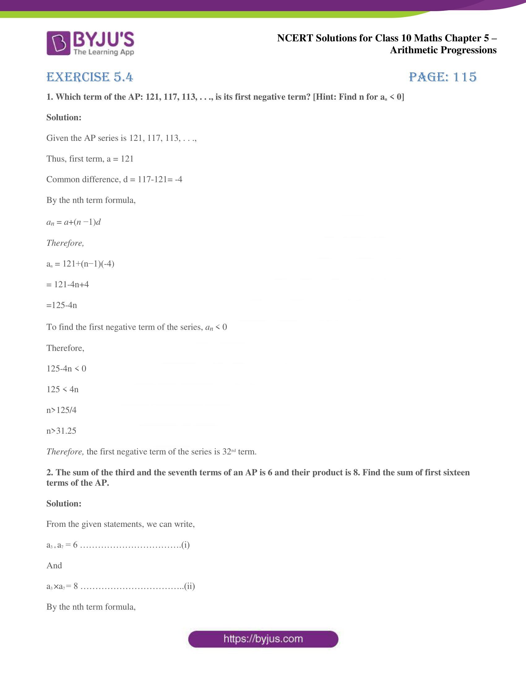 NCERT solutions for Class 10 Maths chapter 5 Arithmetic Progression